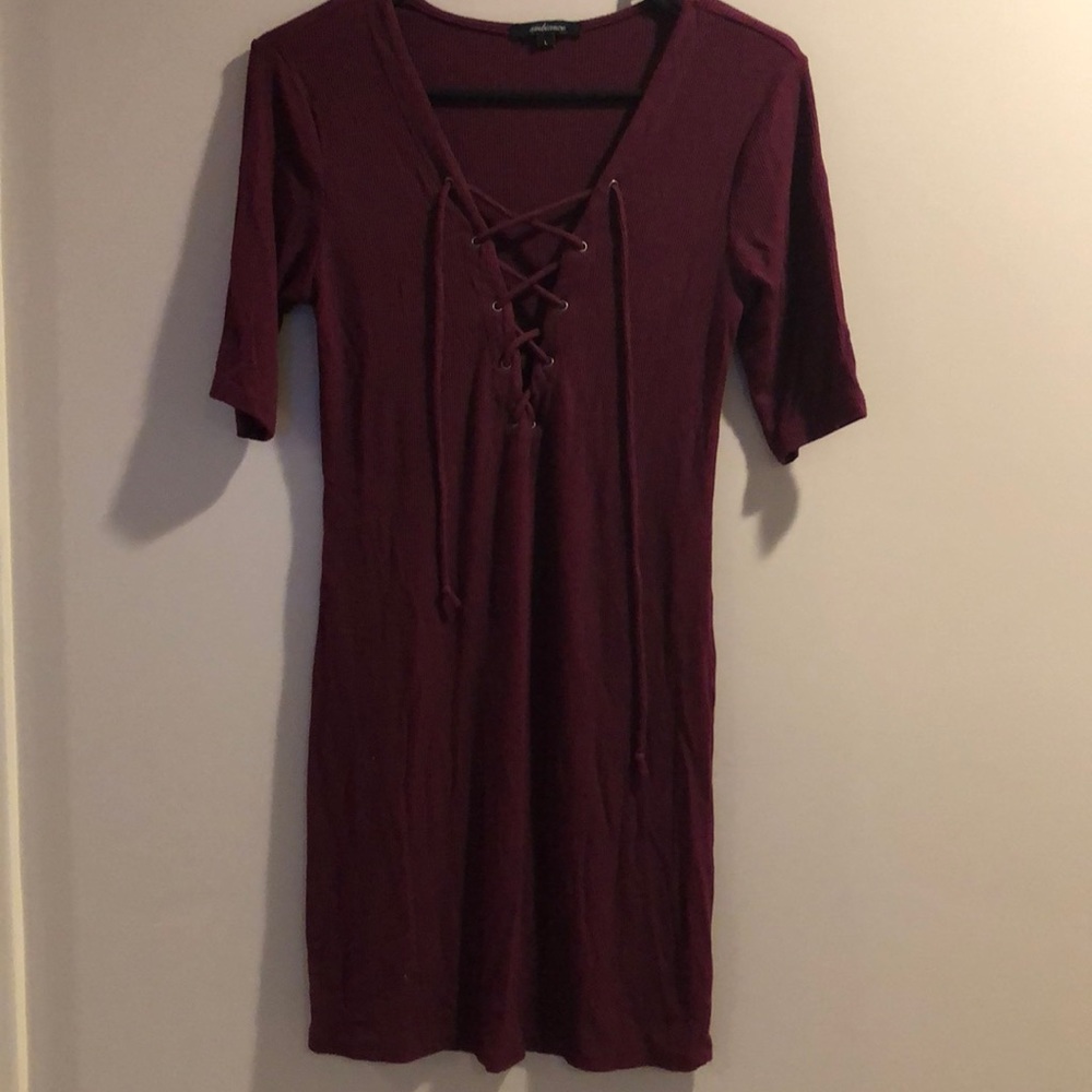 Maroon tie up ribbed dress